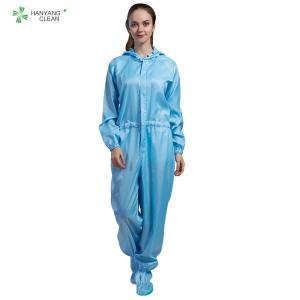 Wholesale ESD Clean Room Garments Reusable Sterilized Coverall With Hood Blue Color Conductive Fiber from china suppliers