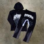 Custom Size Y2K Cut Raw Hem Hoodie and Sweatpants Set for Men's Streetwear in