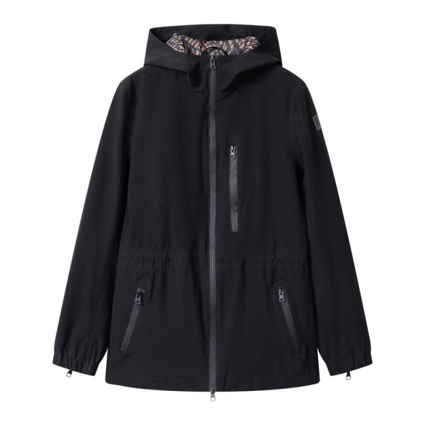 Black waterproof hooded parka jacket front view
