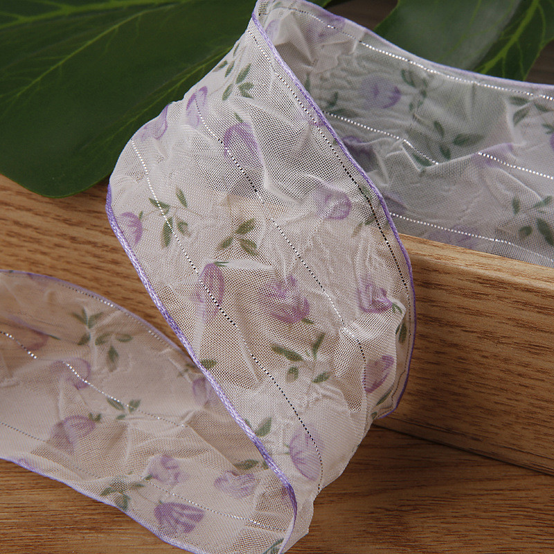 40mm 50mm Organza Ribbon With Floral Printed Polyester Ribbon OEM Eco Friendly