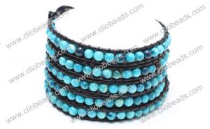 Wholesale Leather Wrap Bracelet, Five Rows, Dyed Blue Jasper Rounds Beaded Cuff Bracelets BR16205 from china suppliers
