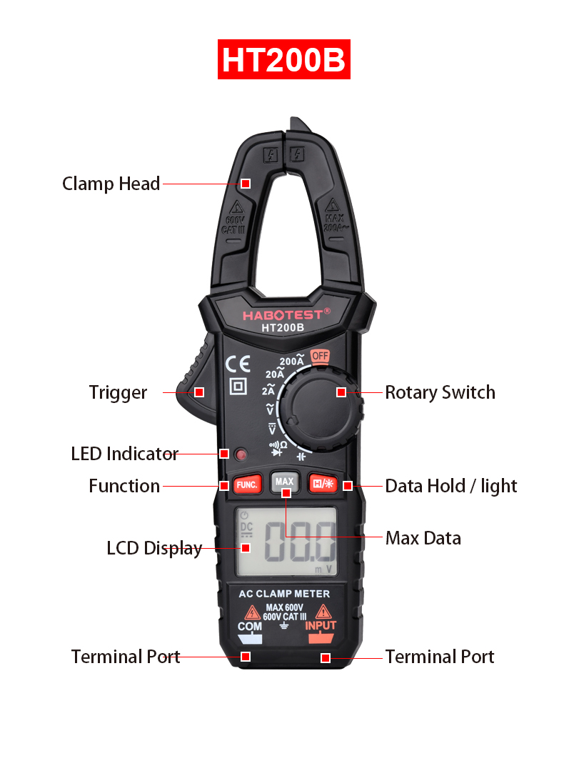 2000 Counts Auto Range 200A 2000uF Digital Clamp Meters