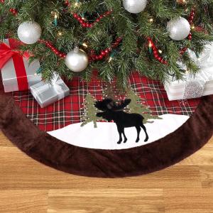 Wholesale Christmas Tree Skirt, 32 Inches Plaid Tree Skirt with Reindeer, Borwn Faux Fur Border Trim for Xmas Holiday Party Decor from china suppliers