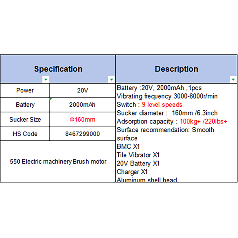 20V 2000mAh Tile Vibrator 9 Speed Portable Cordless Tile Suction Cup Vibrator for Tiling Work