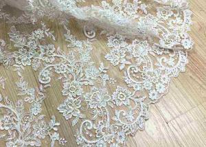China Delicate Ivory Corded Lace Fabric , Floral White Embroidered Tulle Fabric For Wedding Dress on sale