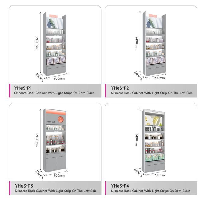 Skincare Shop Gray Wooden Display Rack Washing & Care Shelves with Light-box for Cosmetic Shop Fitting and Retail Store Design