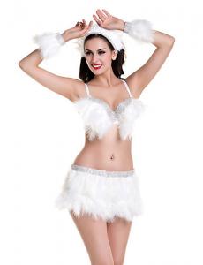 China CC5108F Feather Dance Costumes Sparckle Rhinestones Banded Sexy Bras Feather Trim Skirt on sale