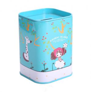 China Recyclable Small Tin Can Metal Coin Collection Boxes Square Tinplate Piggy Bank on sale