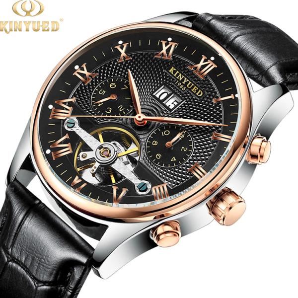 KINYUED Hot Sale Men Tourbillon Automatic Mechanical Watch Leather Strap Date