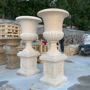 Wholesale Beige Marble Flowerpot Natural Stone Travertine Vase Planter Classic Garden Decorative Western Style from china suppliers
