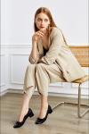 Tan Womens Leisure Shoes Soft Leather 2cm Heel Shoes With Bow Upper