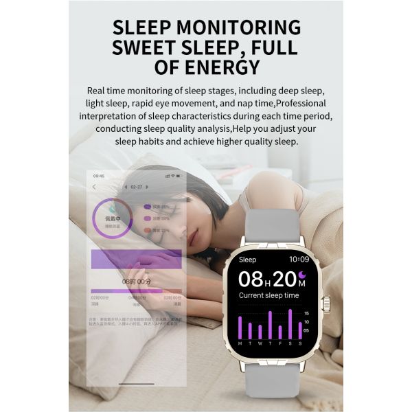 Eraysun Fashion SmartWatch 2.01" BT Call Music Player SMS Reminders Calories Sleep Monitoring Stopwatch Square Compass F5 Smart