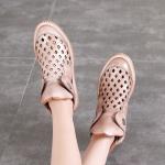 S065 Summer new leather retro handmade velcro rhombus hollow round flat women's