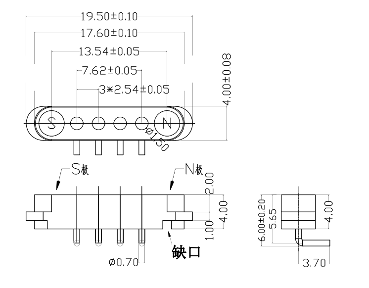 4-Pin female magnetic pogo pin connector with right-angle design